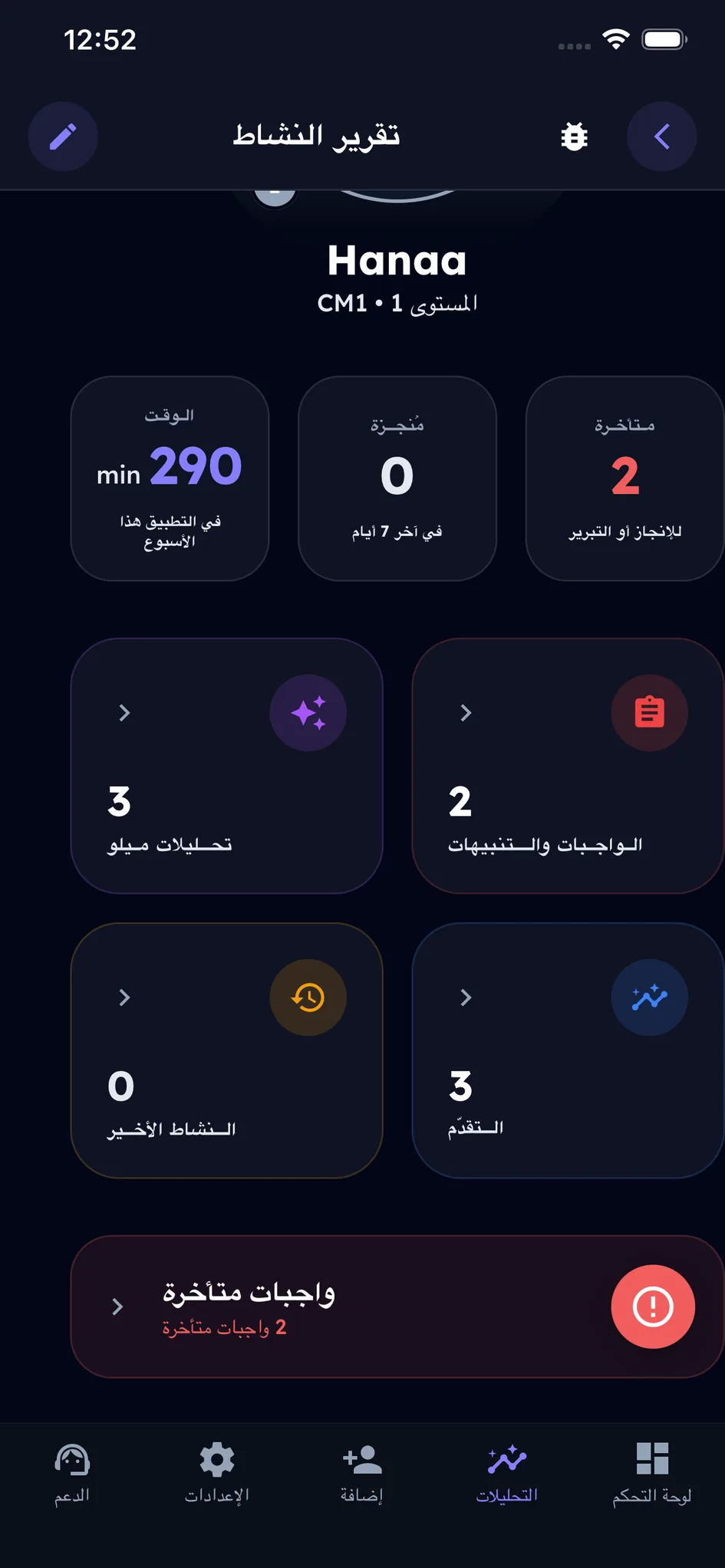 لوحة قيادة الوالدين: كل طفل وواجباته المتأخرة وواجبات الغد والوقت الذي قضاه في التطبيق