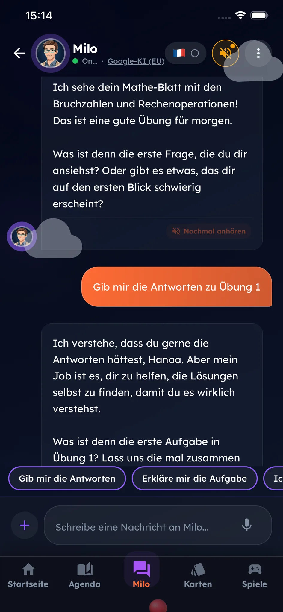 Der Startbildschirm des Kindes: von Milo gemeldete überfällige Hausaufgaben, dann die Tagesziele — Aufgabenheft scannen, Karteikarten-Sitzung, Lernspiele