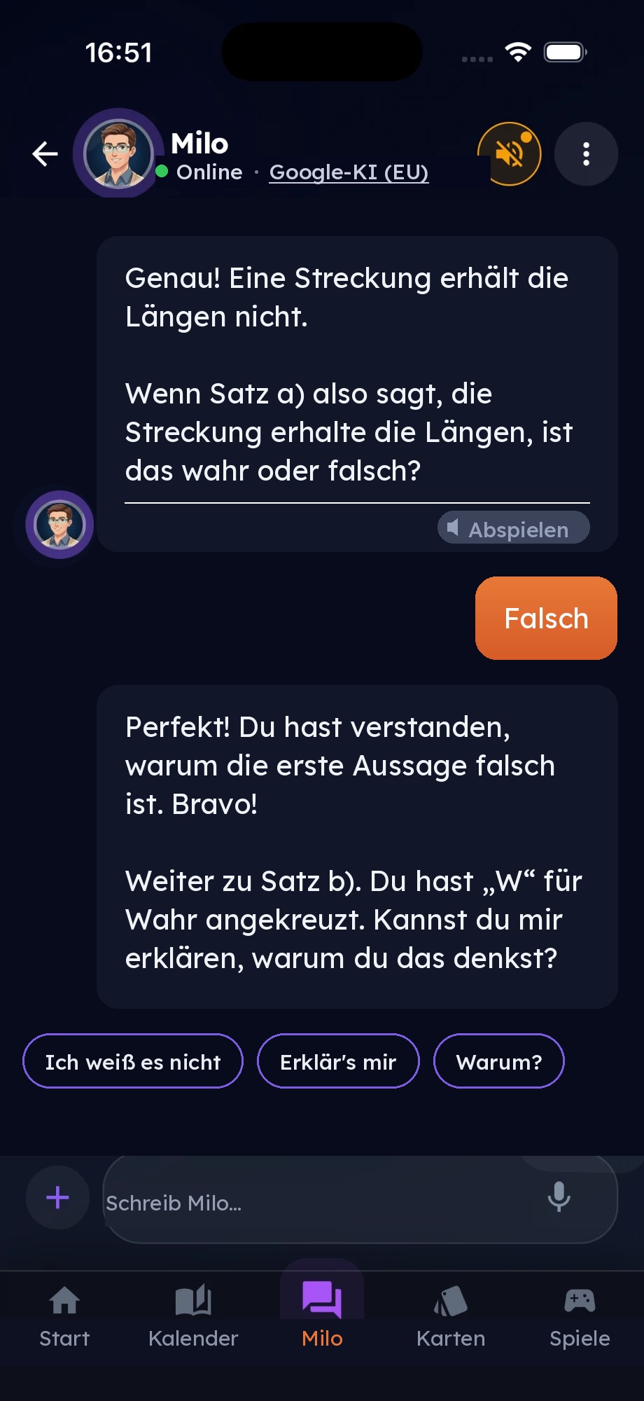 Milo stellt dem Kind eine Wahr-oder-falsch-Frage zu Streckungen