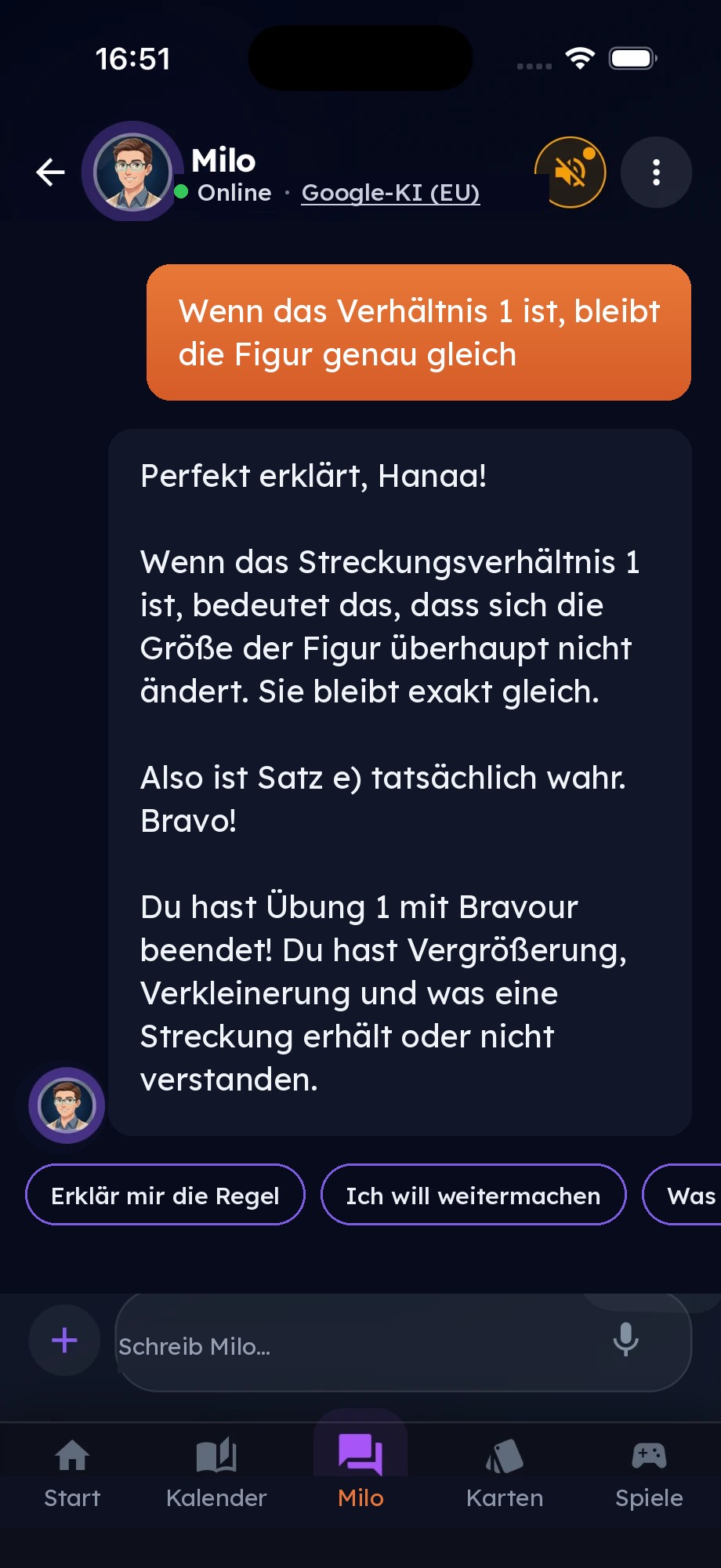 Milo bestätigt die Überlegung des Kindes und feiert den Abschluss der Übung