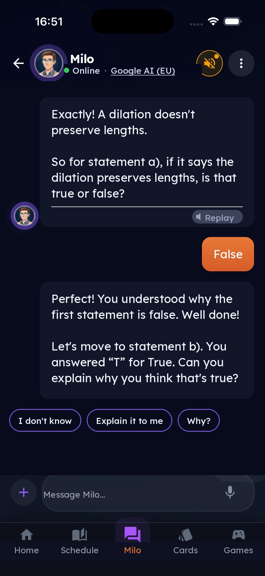 Milo asks the child a true-or-false question about dilations