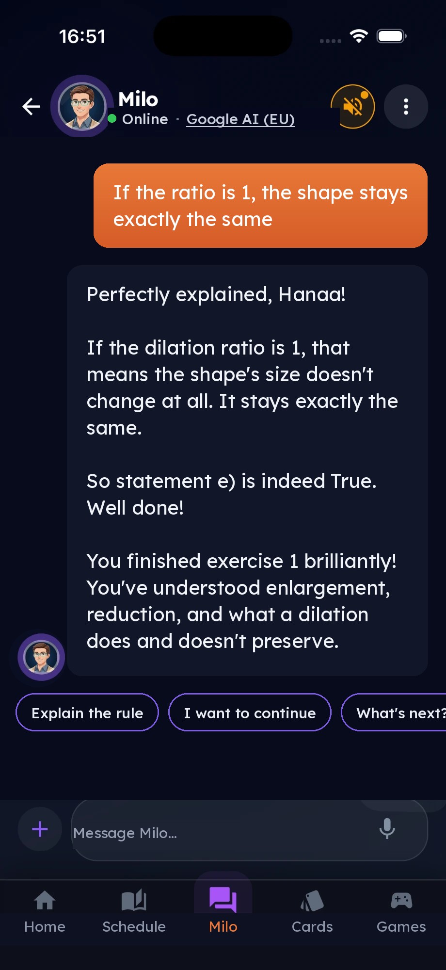 Milo confirms the child's reasoning and celebrates finishing the exercise