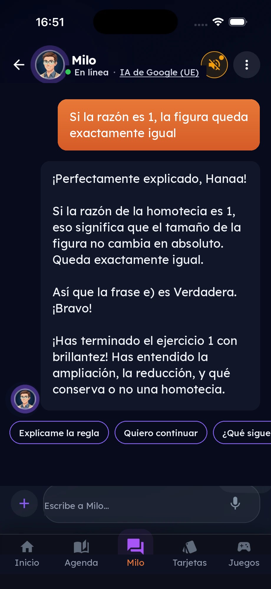 Milo confirma el razonamiento del niño y celebra el final del ejercicio