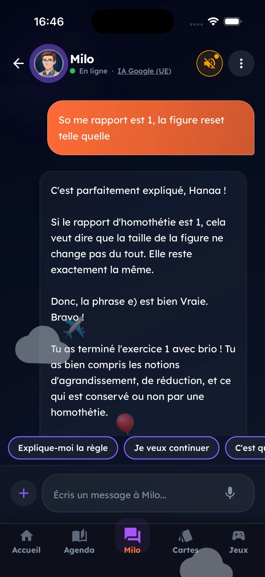 Milo confirme le raisonnement de l'enfant et célèbre la fin de l'exercice