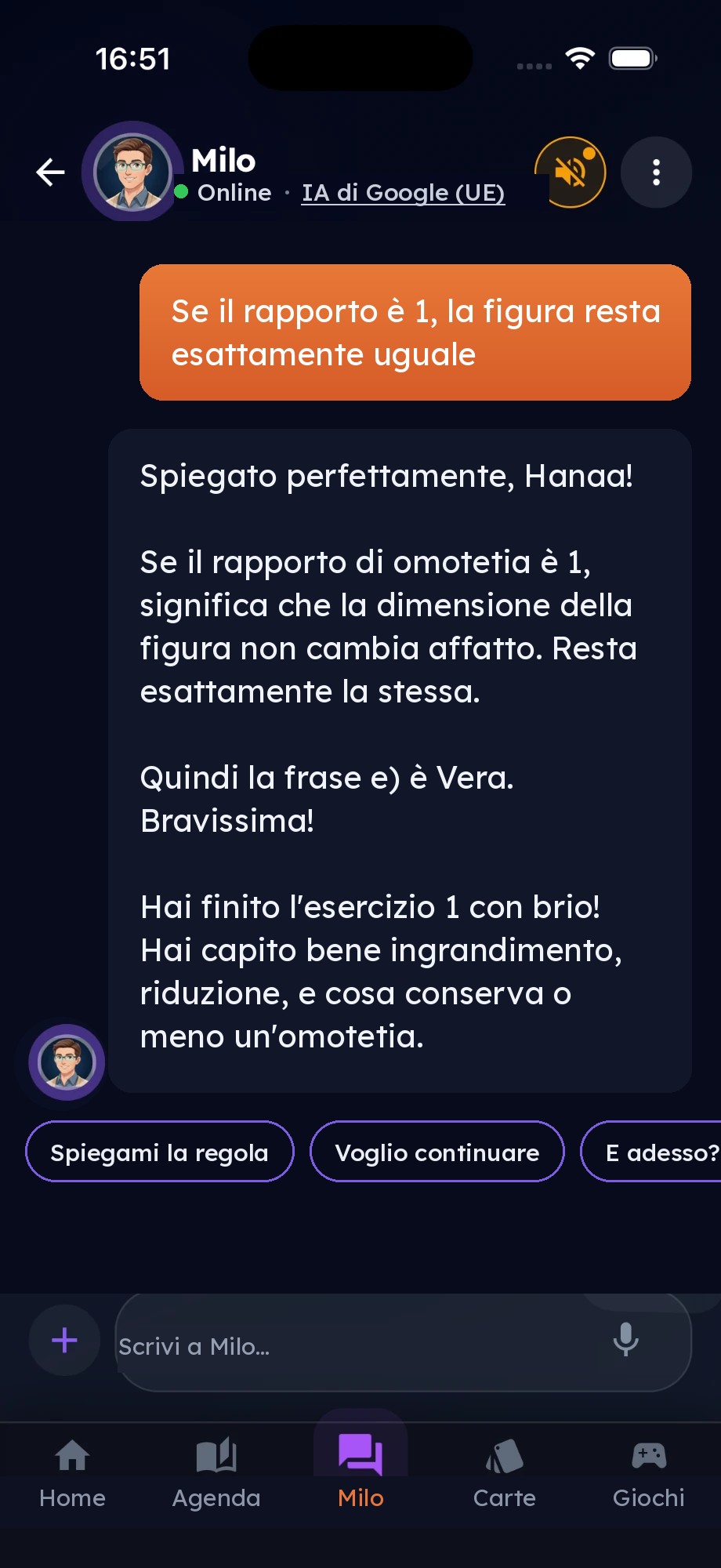 Milo conferma il ragionamento del bambino e festeggia la fine dell'esercizio