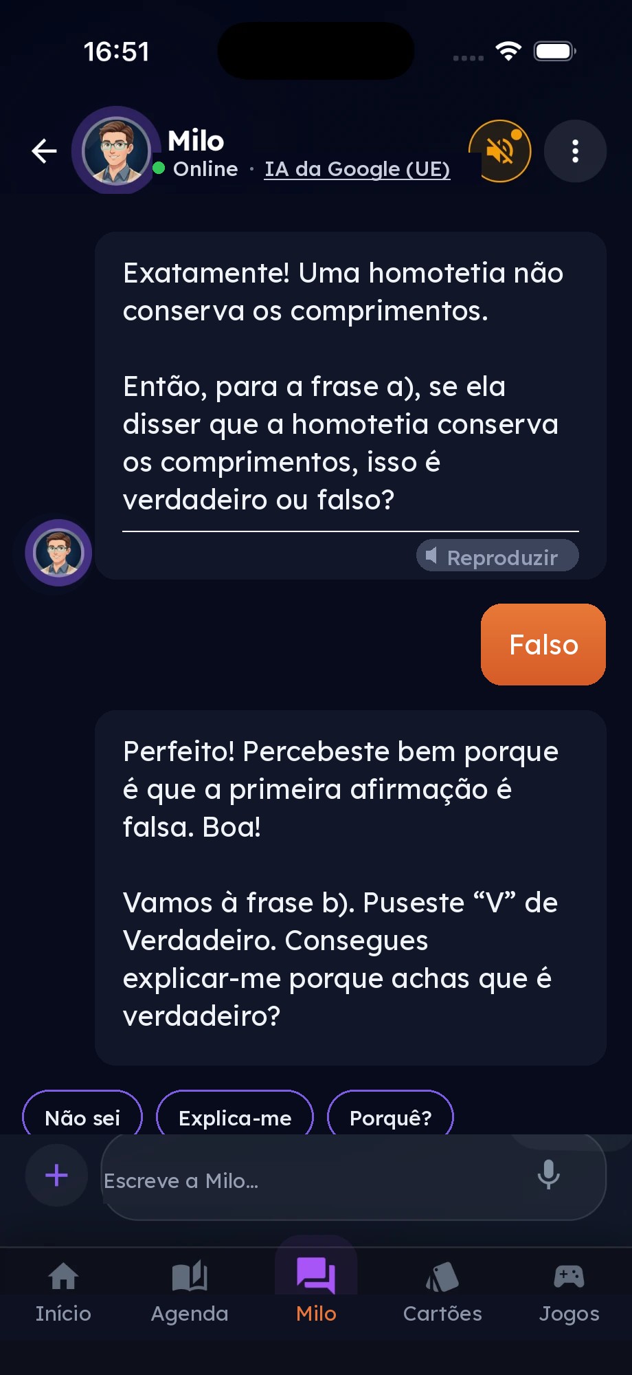 O Milo pergunta à criança se uma afirmação sobre homotetias é verdadeira ou falsa