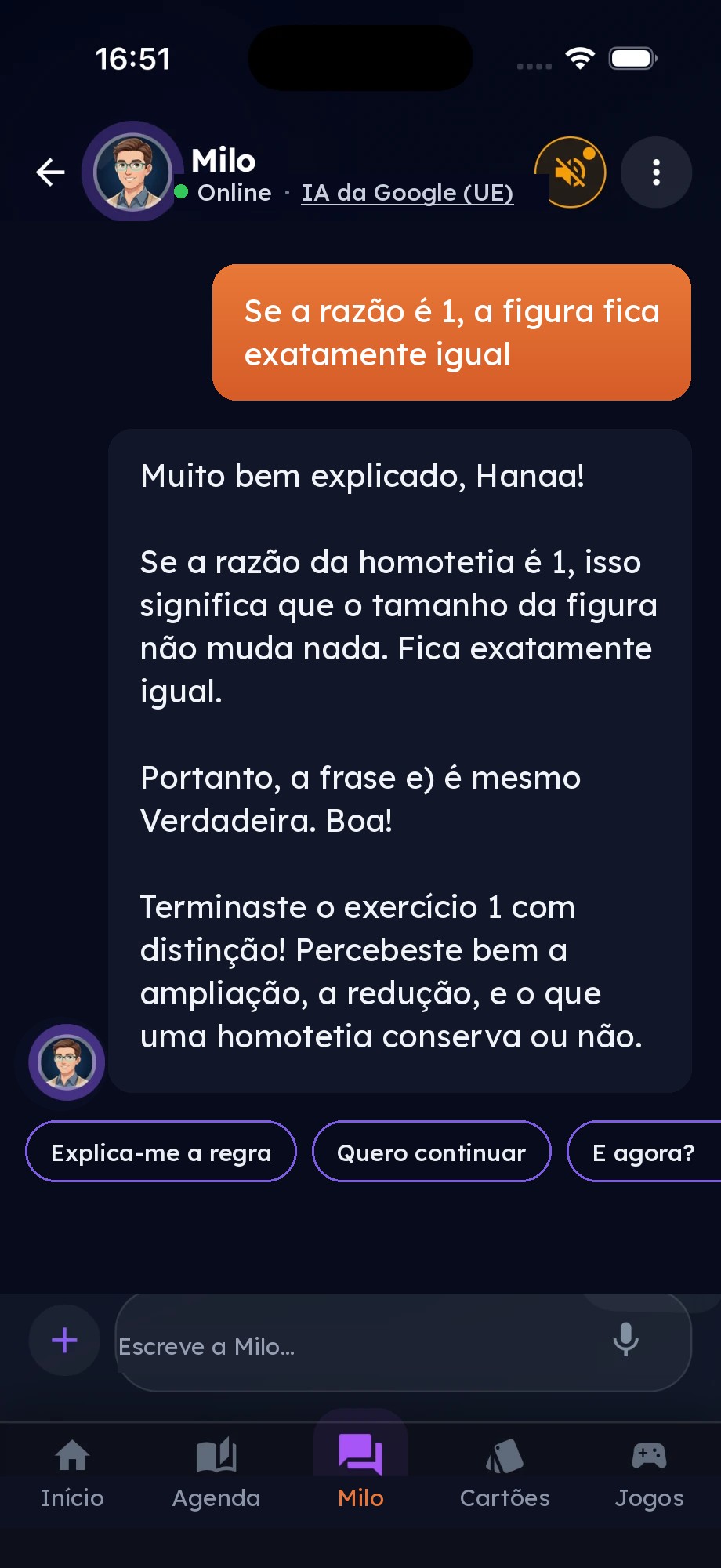 O Milo confirma o raciocínio da criança e celebra o fim do exercício