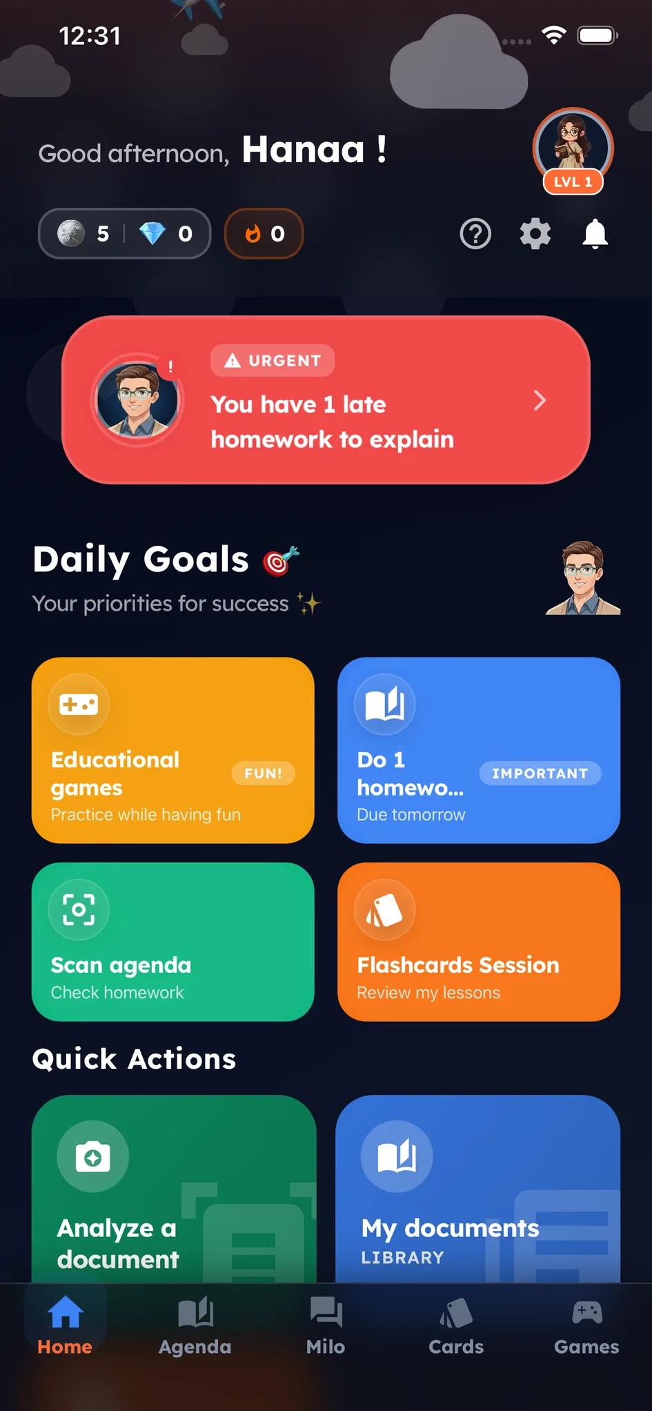 The pupil's home screen: late homework flagged by Milo, then the day's goals — scan the planner, flashcard session, educational games