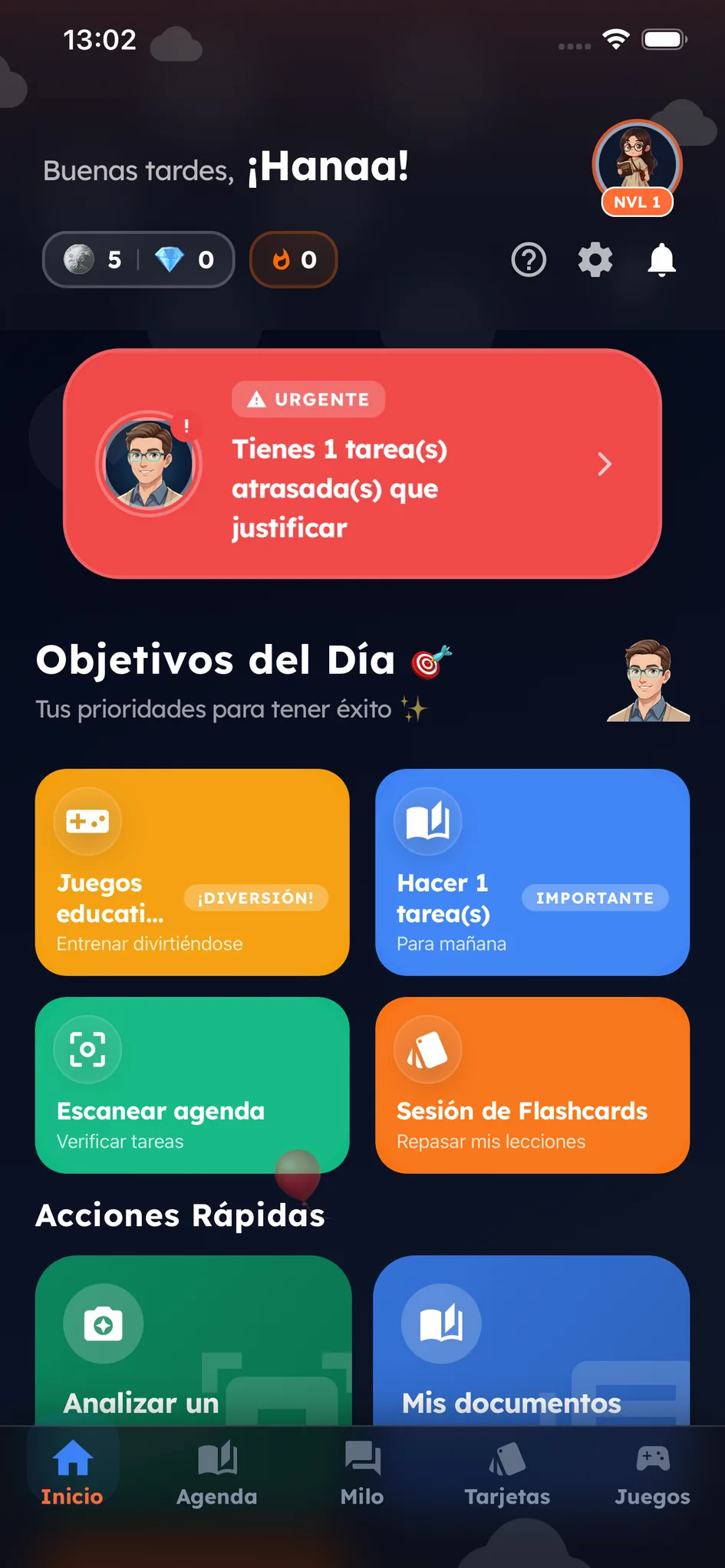 La pantalla de inicio del alumno: los deberes atrasados que señala Milo y los objetivos del día — escanear la agenda, sesión de tarjetas, juegos educativos