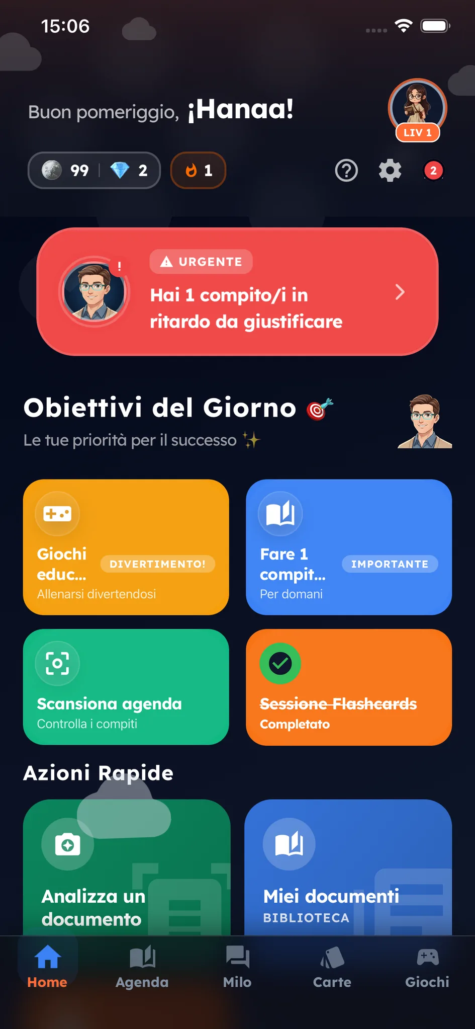 La schermata iniziale dell'alunno: i compiti in ritardo segnalati da Milo e gli obiettivi del giorno — scansionare il diario, sessione di schede di ripasso, giochi educativi