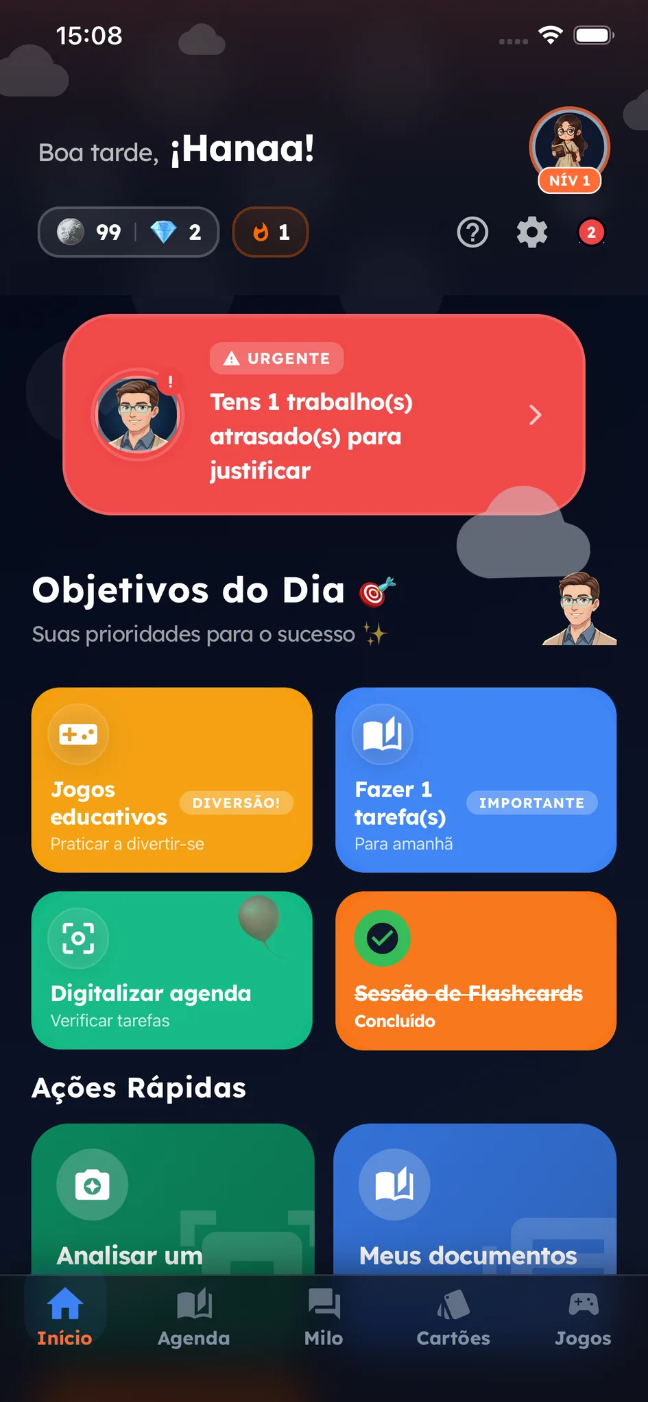 O ecrã inicial do aluno: os trabalhos em atraso assinalados pelo Milo e os objetivos do dia — digitalizar a caderneta, sessão de cartões, jogos educativos